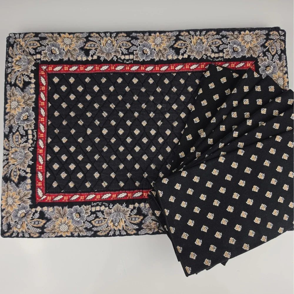 Vera Bradley Classic Black Retired 5 Placemats 6 Napkins Quilted Cotton Set
